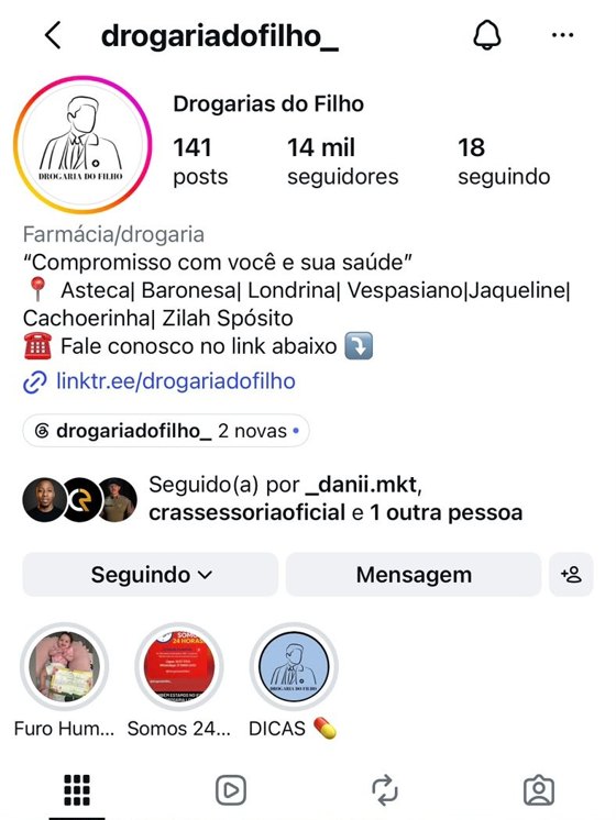 Perfil da Drogaria do Filho hoje, com 14 mil seguidores